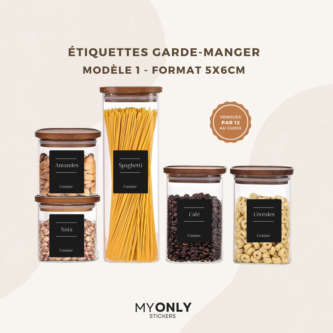 Lot de 12 étiquettes bocaux garde-manger - Format 5x6cm - à personnaliser