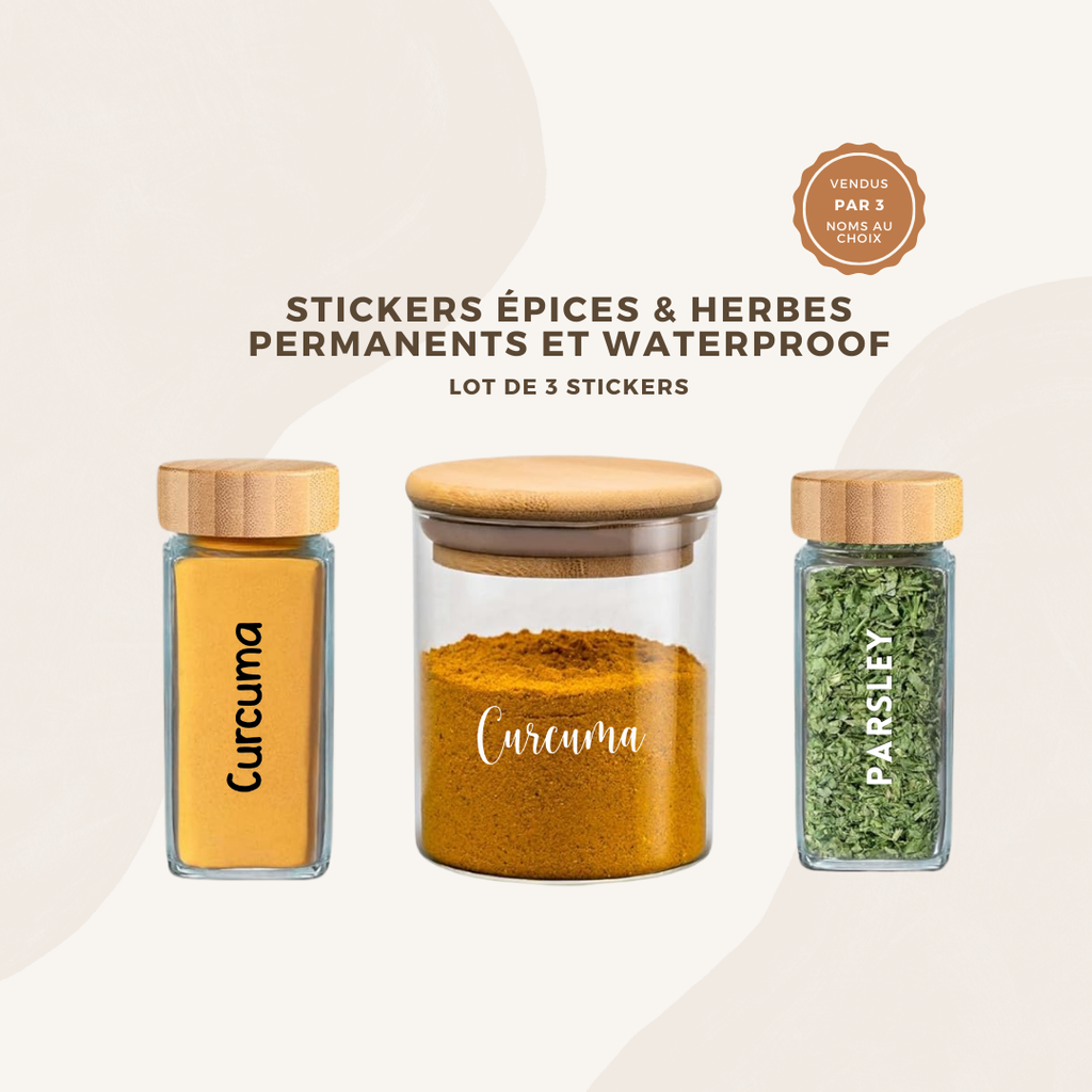 Lot de 3 stickers bocaux épices et herbes permanents et imperméable