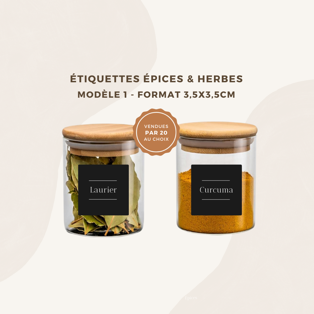 Lot de 20 étiquettes pots épices et herbes  - Format 3,5x3,5cm - noms à personnaliser