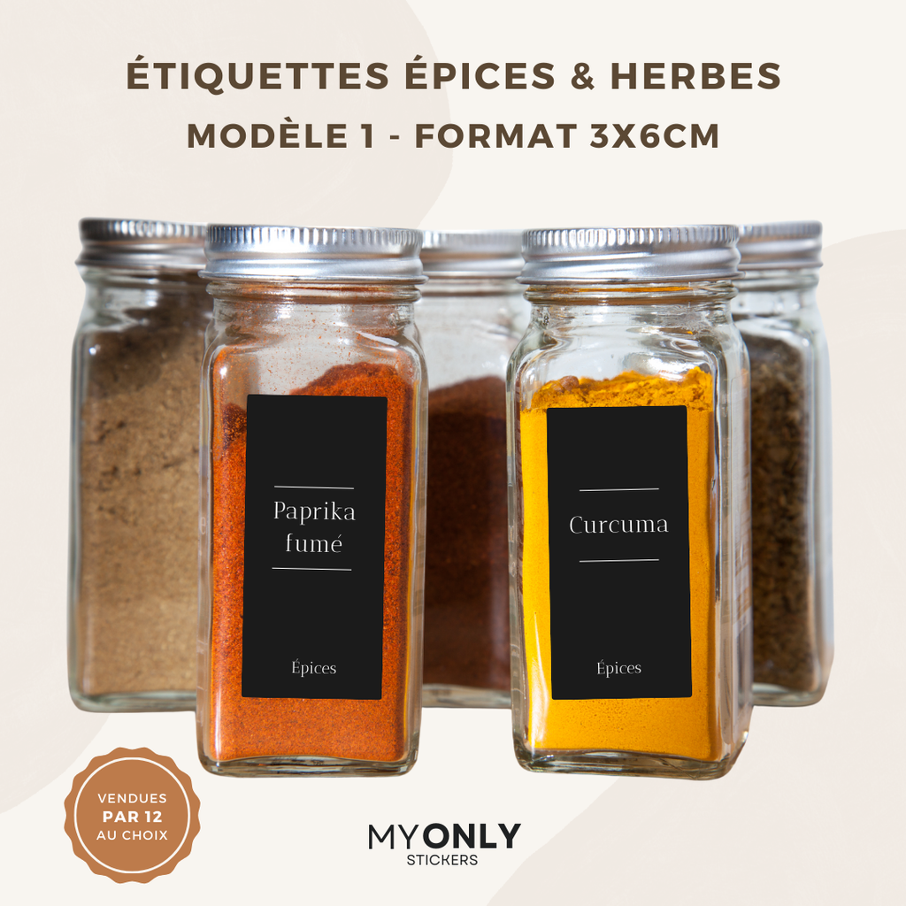 Lot de 12 étiquettes pot à épices et herbes - Format 3x6cm - noms à personnaliser
