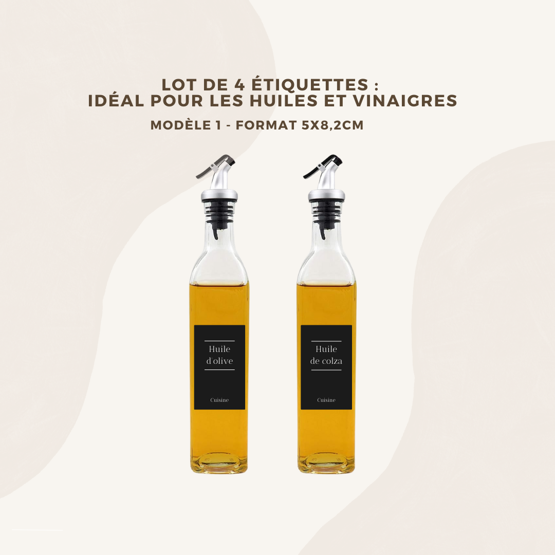 Lot de 4 étiquettes pour huiliers et vinaigre - Format 5 x 8,2cm - Noms à personnaliser