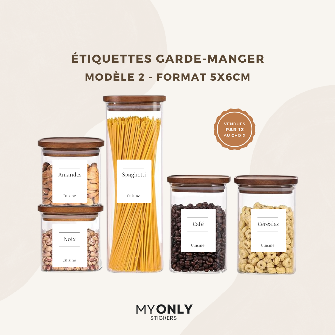 Lot de 12 étiquettes bocaux garde-manger - Format 5x6cm - à personnaliser
