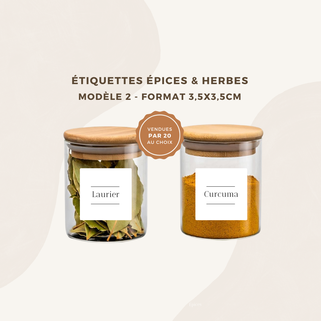 Lot de 20 étiquettes pots épices et herbes  - Format 3,5x3,5cm - noms à personnaliser