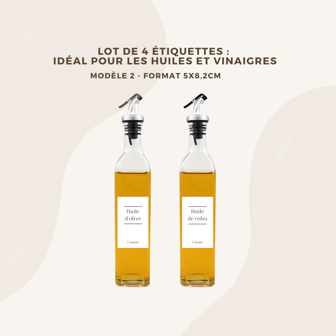 Lot de 4 étiquettes pour huiliers et vinaigre - Format 5 x 8,2cm - Noms à personnaliser