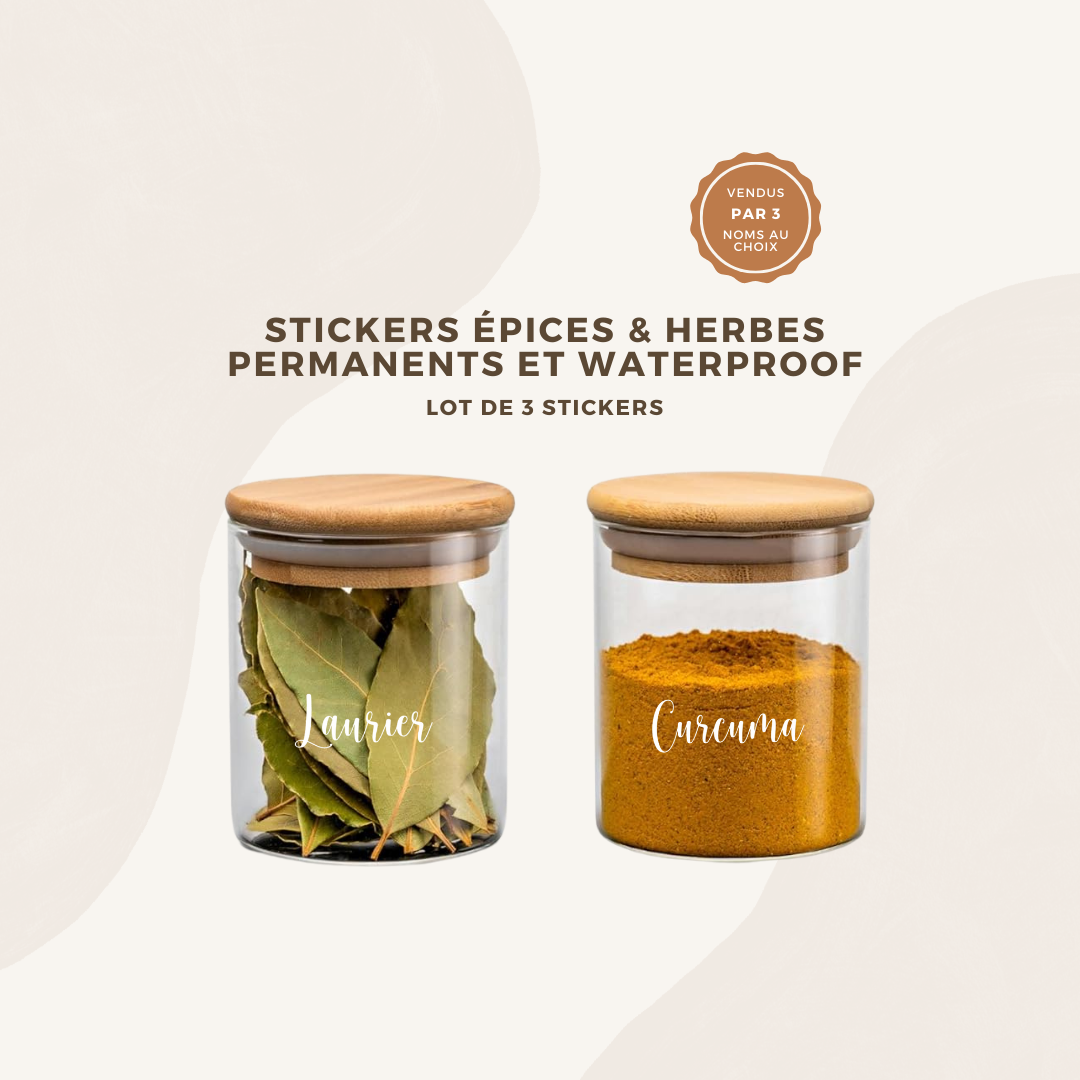 Lot de 3 stickers bocaux épices et herbes permanents et imperméable