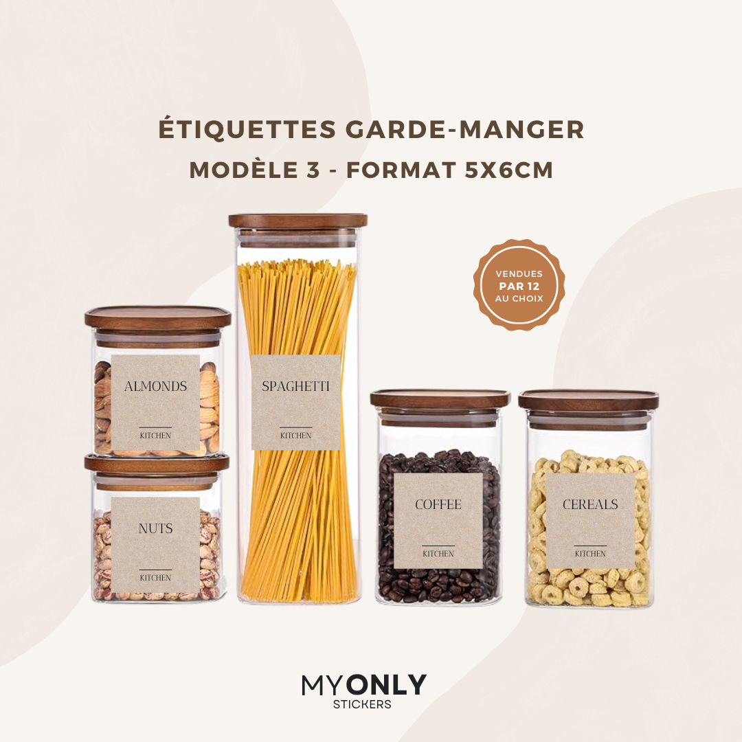 Lot de 12 étiquettes bocaux garde-manger - Format 5x6cm - à personnaliser