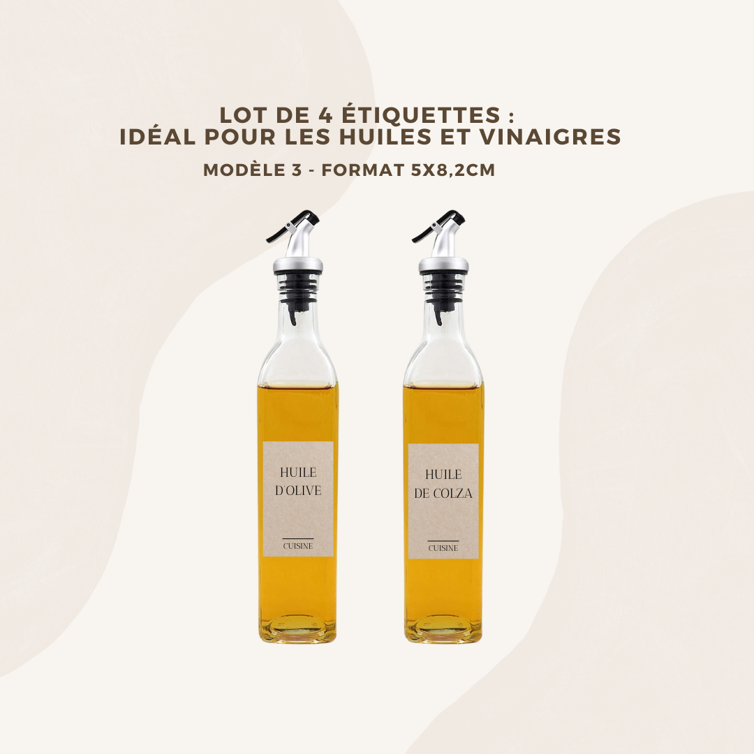Lot de 4 étiquettes pour huiliers et vinaigre - Format 5 x 8,2cm - Noms à personnaliser