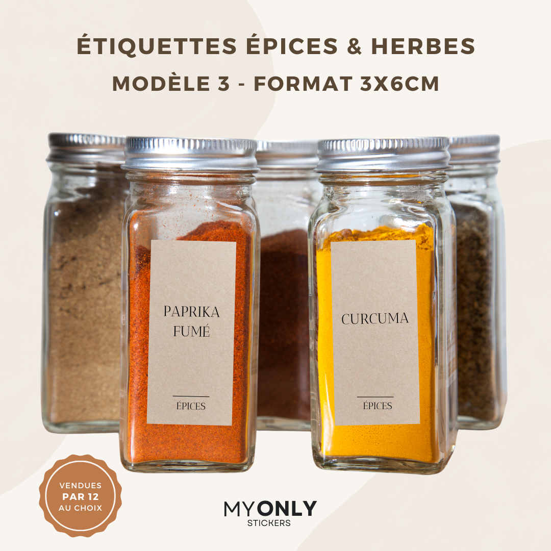 Lot de 12 étiquettes pot à épices et herbes - Format 3x6cm - noms à personnaliser