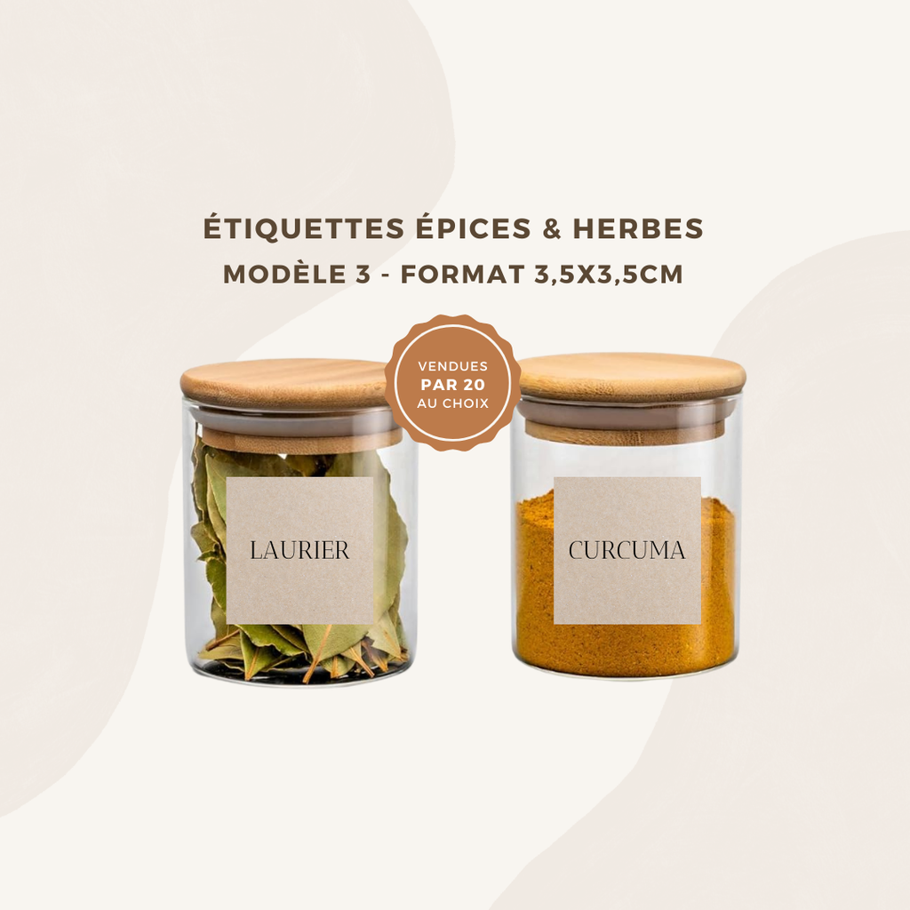 Lot de 20 étiquettes pots épices et herbes  - Format 3,5x3,5cm - noms à personnaliser