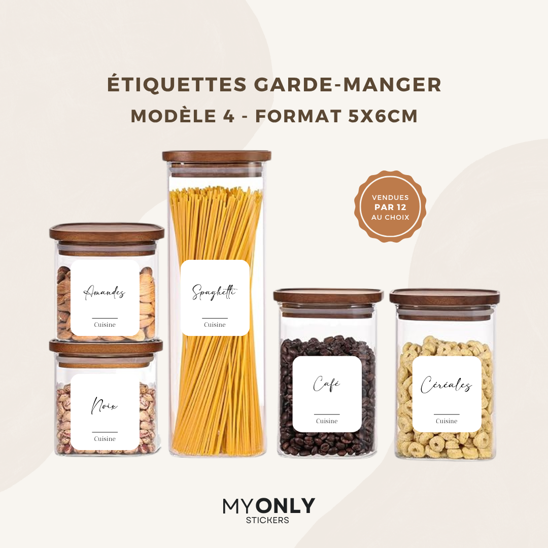Lot de 12 étiquettes bocaux garde-manger - Format 5x6cm - à personnaliser