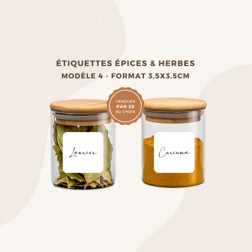 Lot de 20 étiquettes pots épices et herbes  - Format 3,5x3,5cm - noms à personnaliser