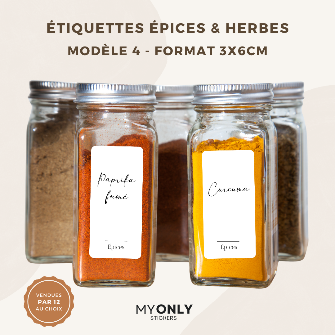 Lot de 12 étiquettes pot à épices et herbes - Format 3x6cm - noms à personnaliser