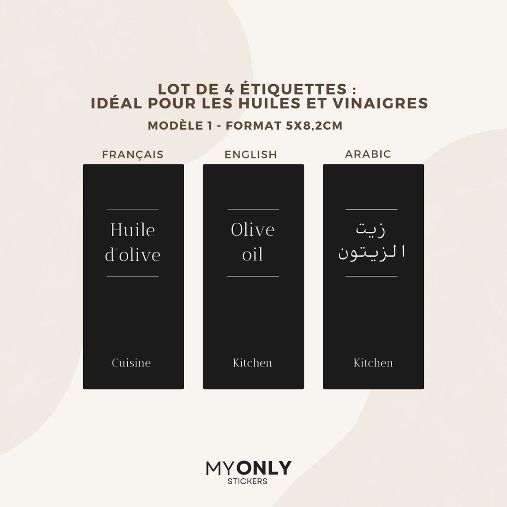 Lot de 4 étiquettes pour huiliers et vinaigre - Format 5 x 8,2cm - Noms à personnaliser