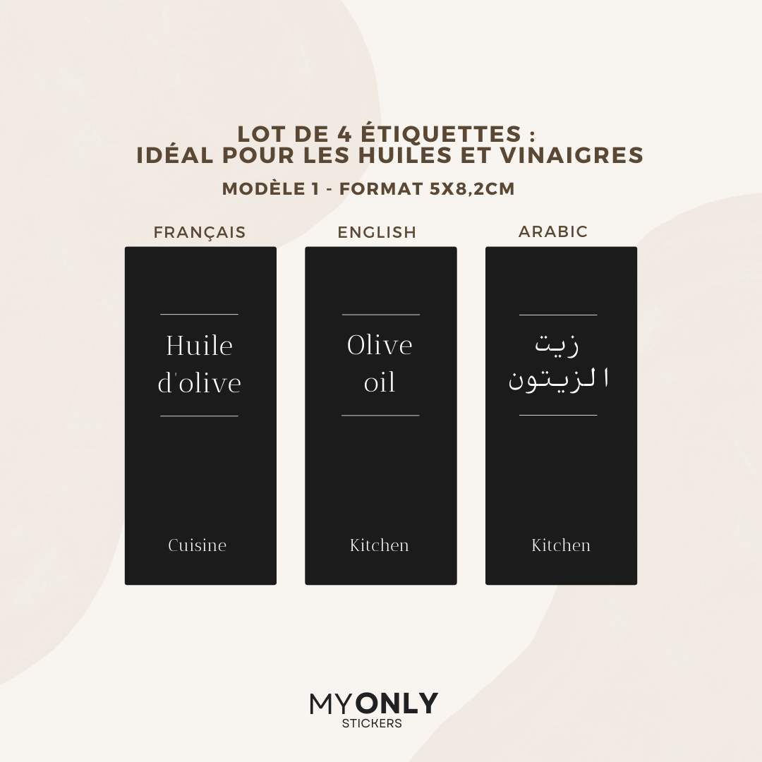 Lot de 4 étiquettes pour huiliers et vinaigre - Format 5 x 8,2cm - Noms à personnaliser