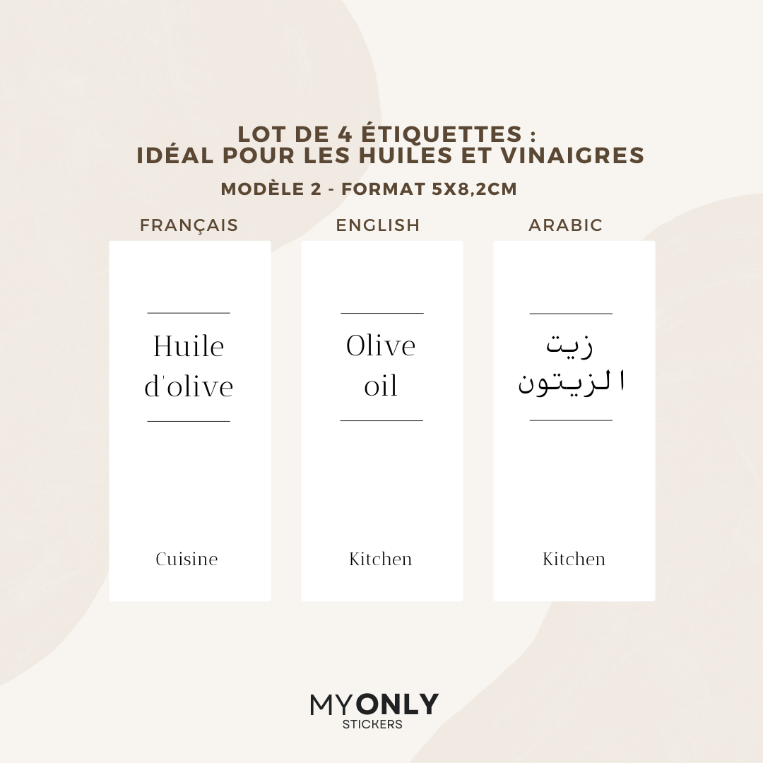 Lot de 4 étiquettes pour huiliers et vinaigre - Format 5 x 8,2cm - Noms à personnaliser