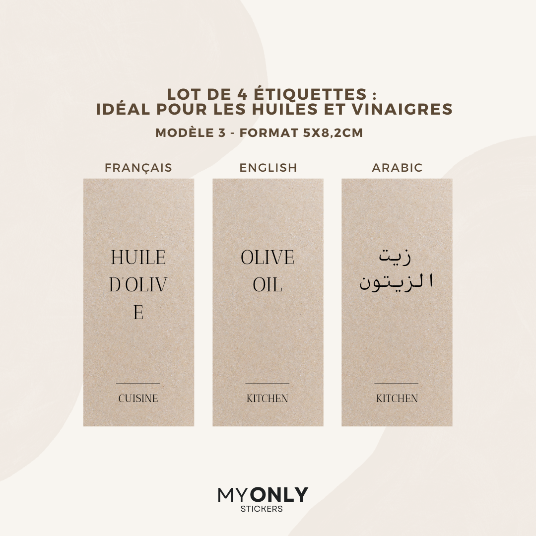 Lot de 4 étiquettes pour huiliers et vinaigre - Format 5 x 8,2cm - Noms à personnaliser