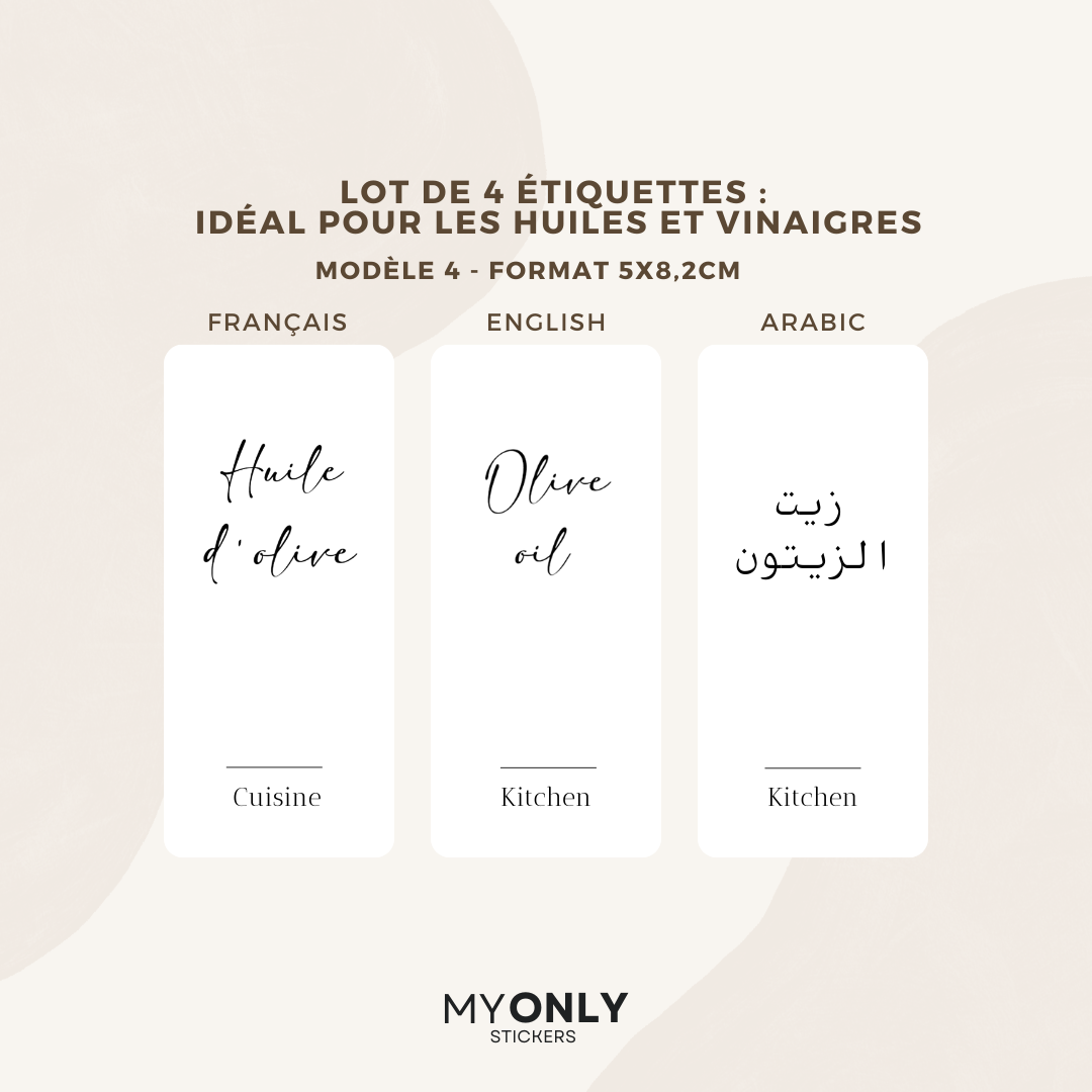 Lot de 4 étiquettes pour huiliers et vinaigre - Format 5 x 8,2cm - Noms à personnaliser